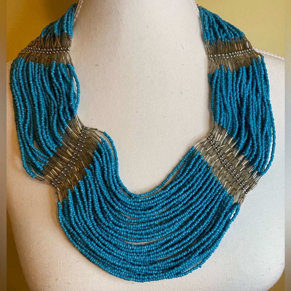 EUC - turquoise & silver seed bead oversized statement necklace, Banana Republic